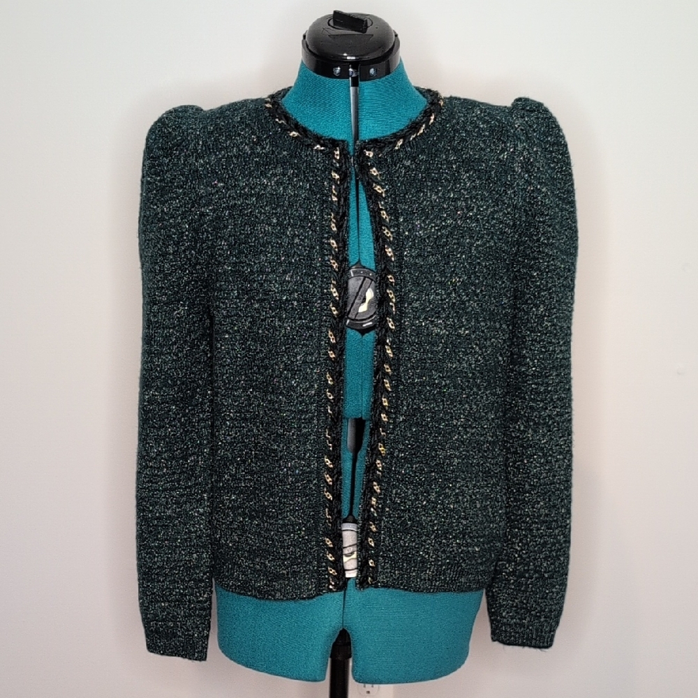 Express Emerald Green Metallic Lurex Chain Trim Tweed Women's Blazer Size S, NWT - Picture 2 of 8